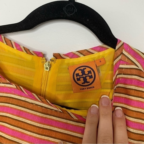 Tory Burch pink orange stripe linen silk sleeveless dress - Picture 4 of 11
